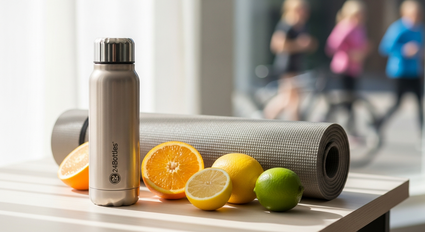 24Bottles Clima Bottle Insulated Stainless Steel in multiple colors displayed on outdoor hiking background