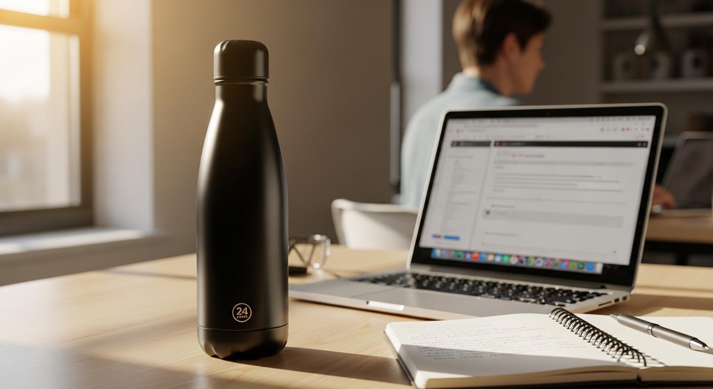 24Bottles Clima insulated water bottle on a modern home office desk with laptop and coffee