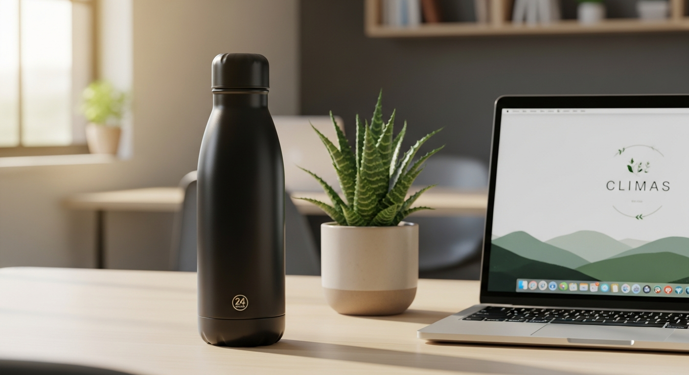 24Bottles Clima insulated stainless steel water bottle in professional setting with condensation-free exterior
