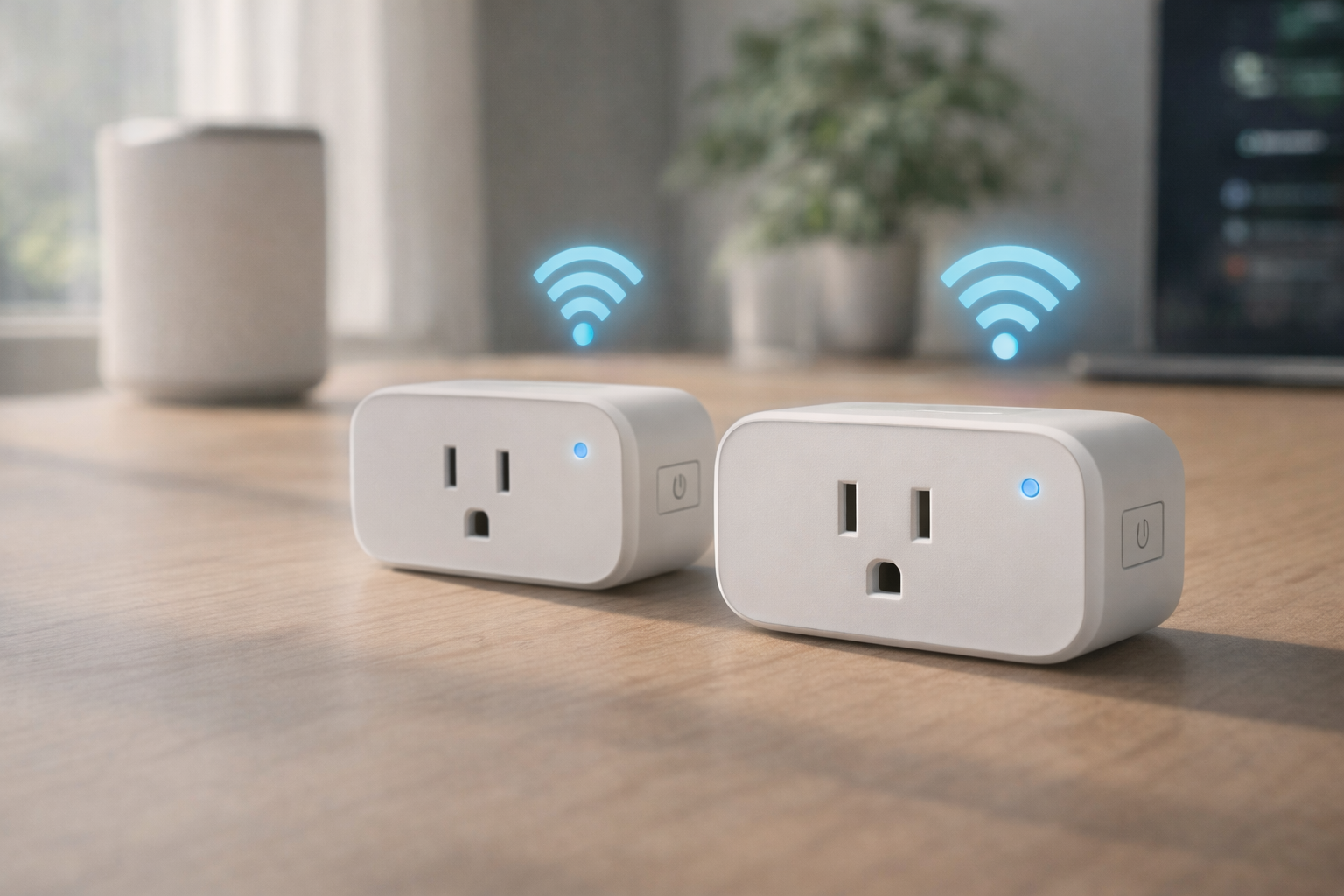 Smart home WiFi plugs on a wooden surface with blue LED indicators and wireless connectivity icons, ideal for home automation, remote control, and energy management systems