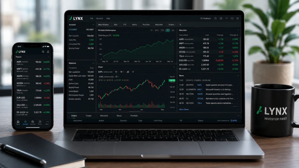 LYNX multi-asset trading platform with advanced stock charts, portfolio management tools, and mobile trading app for global investors.