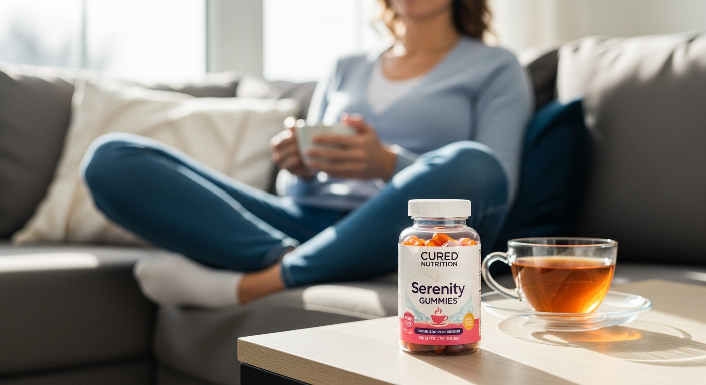 Cured Nutrition Serenity Gummies stress relief supplement in passionfruit and clementine flavors