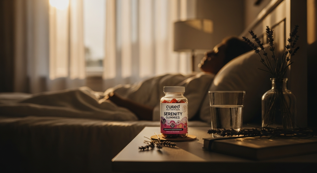 Cured Nutrition Serenity Gummies in passion fruit flavor displayed with functional mushrooms and adaptogenic herbs on a calming blue background