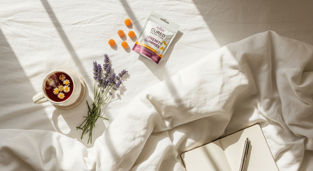 Cured Nutrition Serenity Gummies stress relief product with CBD and functional mushrooms for better sleep and relaxation