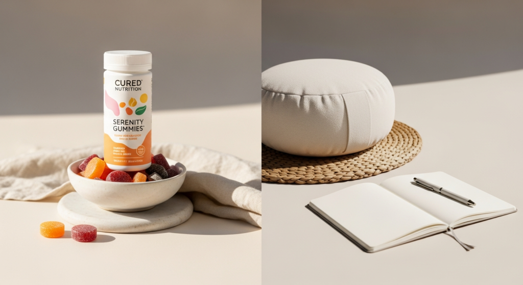 Cured Nutrition Serenity Gummies displayed with adaptogens and functional mushrooms for stress relief