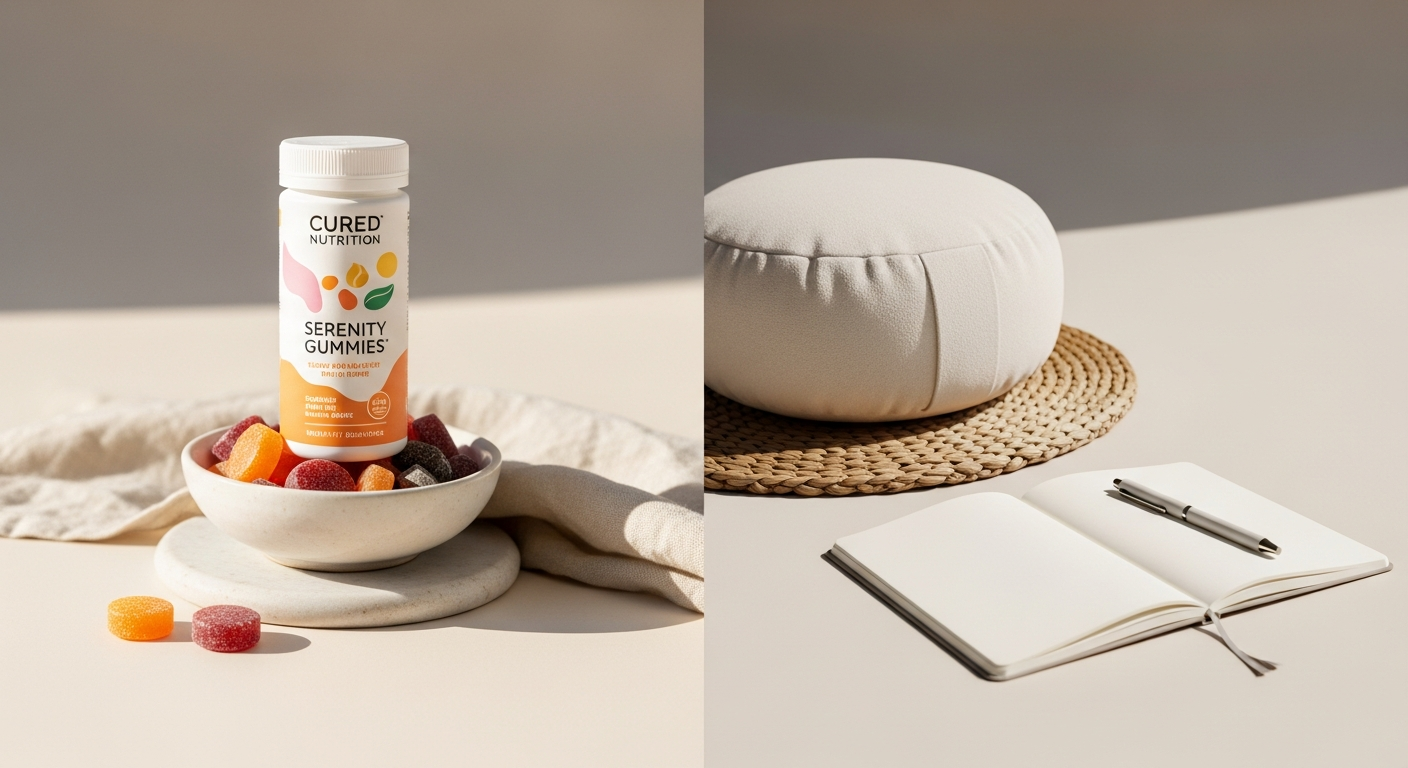 Cured Nutrition Serenity Gummies displayed with adaptogens and functional mushrooms for stress relief