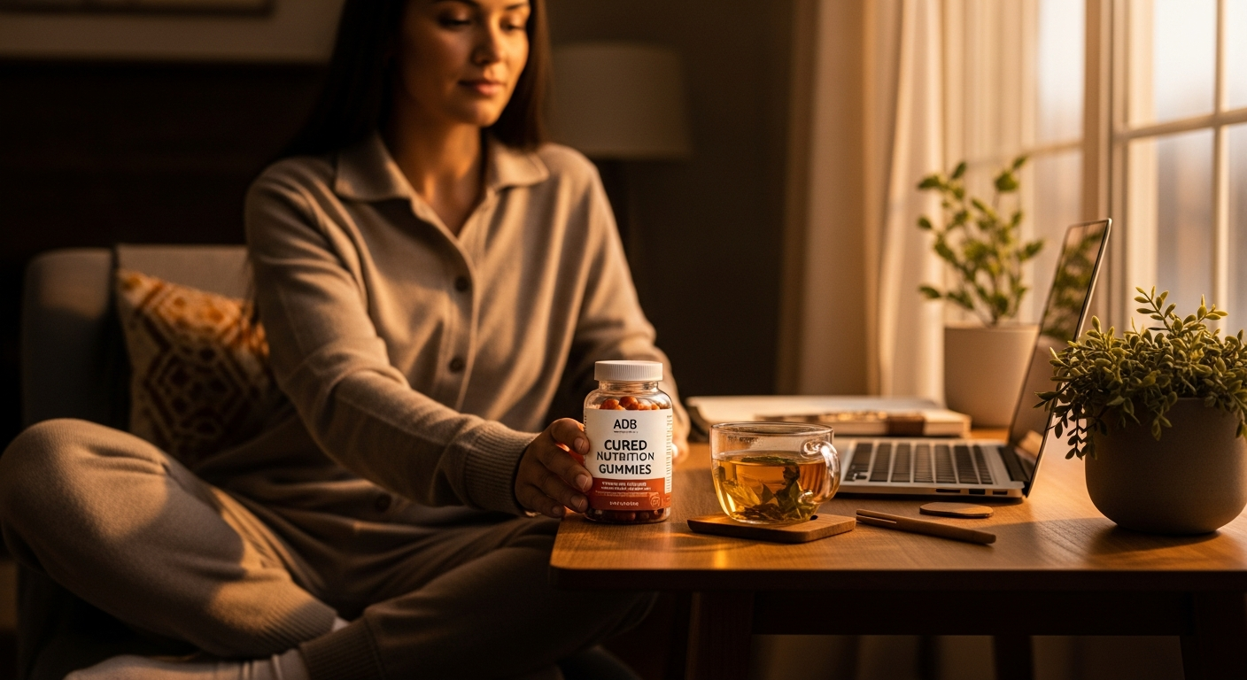 Cured Nutrition Serenity Gummies in passion fruit flavor displayed with functional mushrooms and adaptogens