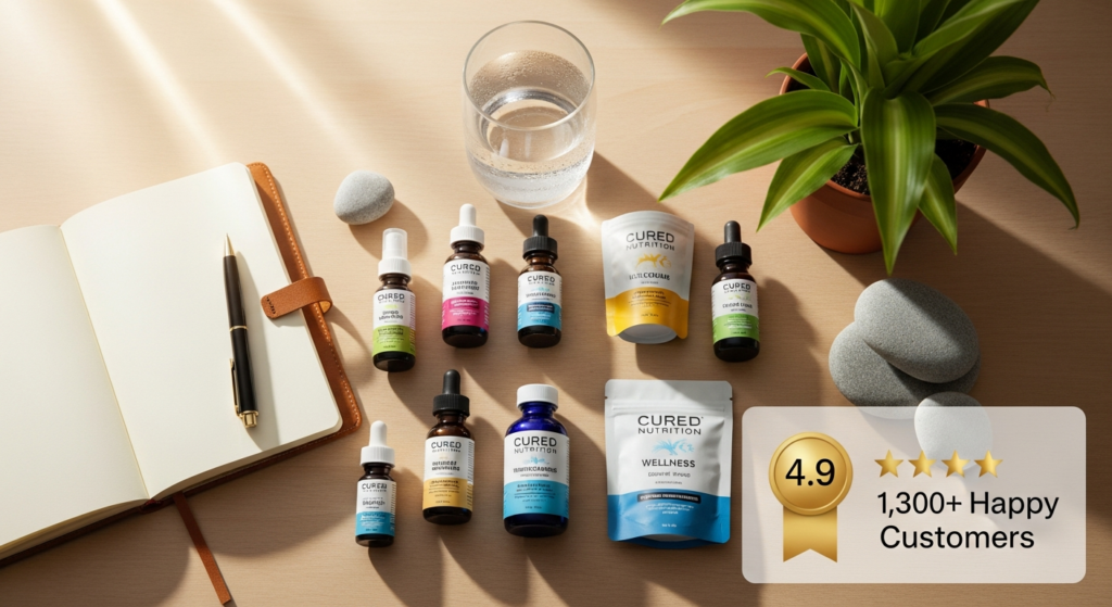 Cured Nutrition Best-Seller Wellness Bundle product display with adaptogens, mushrooms, and cannabinoid supplements