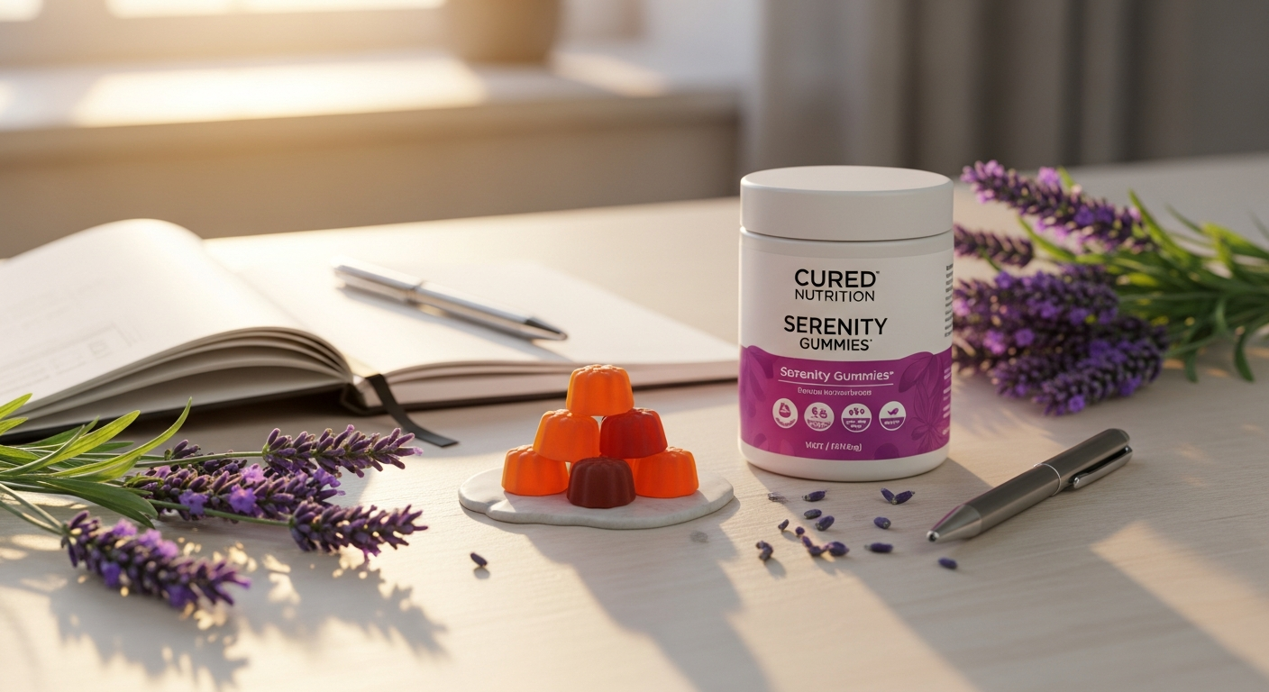 Cured Nutrition Serenity Gummies displayed with hemp leaves and adaptogenic mushrooms on wooden surface