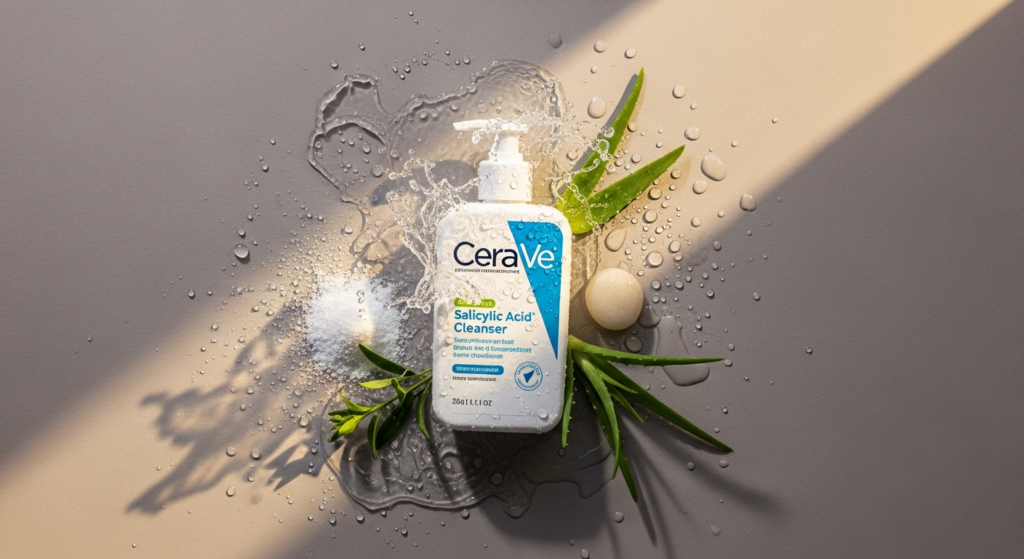 CeraVe Salicylic Acid Cleanser bottle displayed with ceramides and hyaluronic acid ingredients highlighted