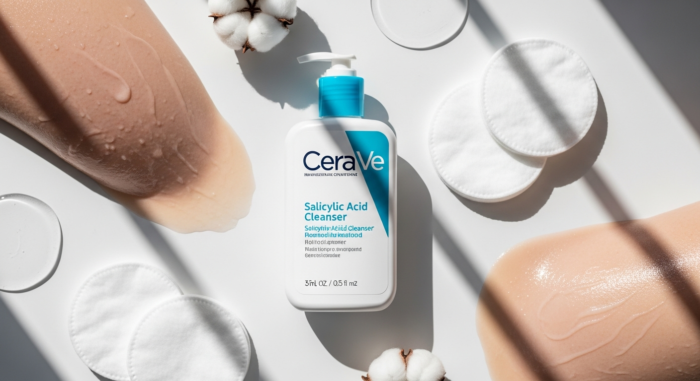 CeraVe Salicylic Acid Cleanser bottle displayed with smooth, clear skin texture background