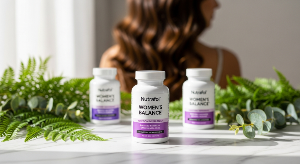 Nutrafol Women's Balance hair growth supplement bottle with botanical ingredients displayed
