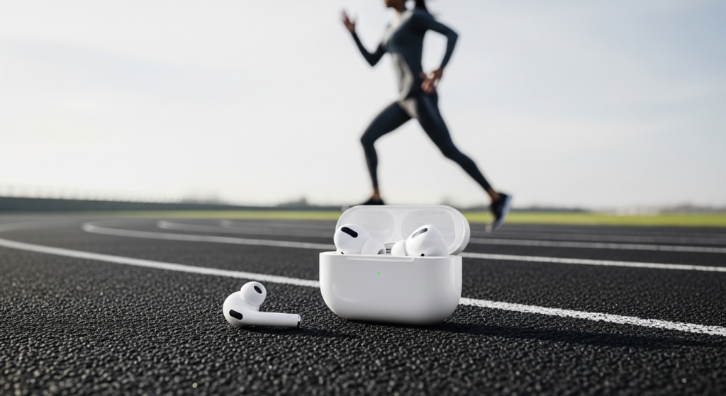 Apple AirPods Pro 2nd generation earbuds with charging case displayed on athletic workout background