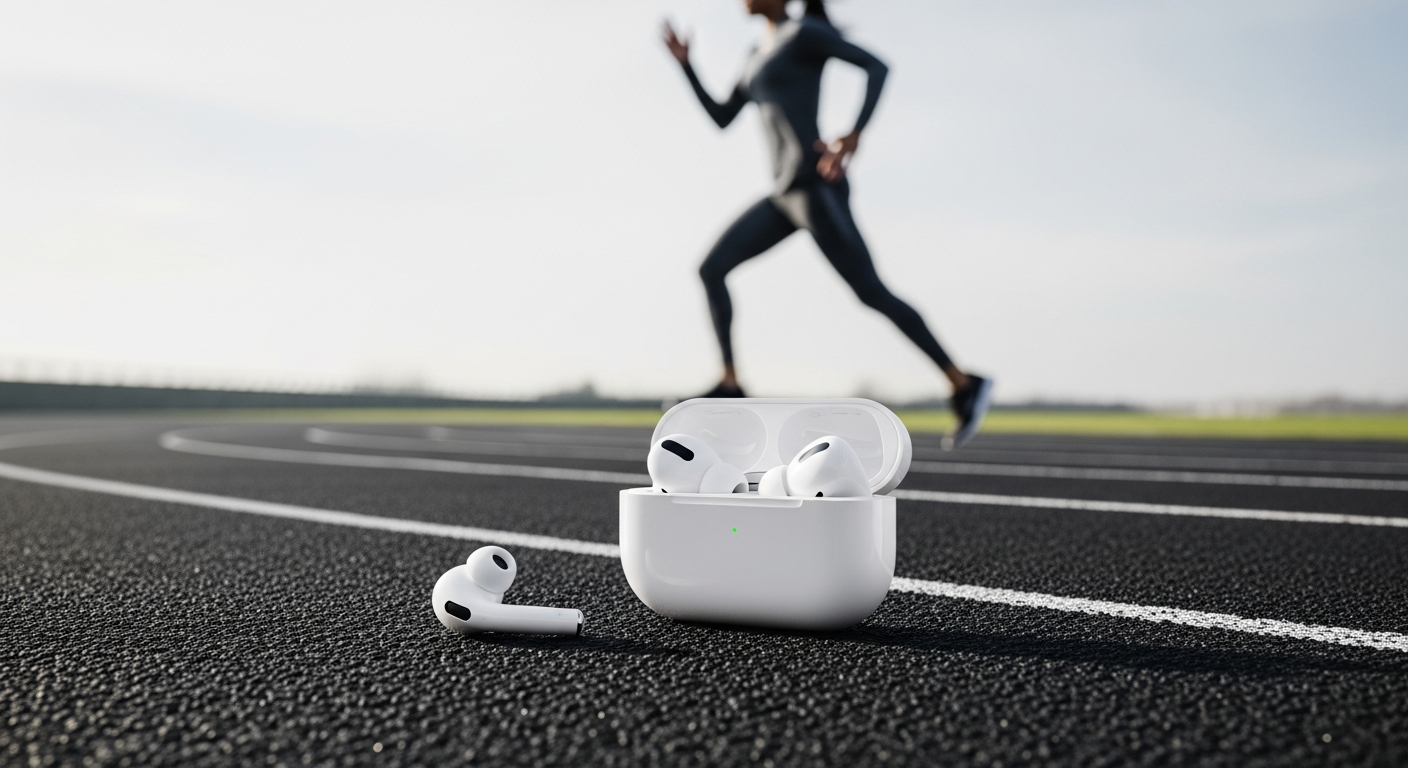 Apple AirPods Pro 2nd generation earbuds with charging case displayed on athletic workout background