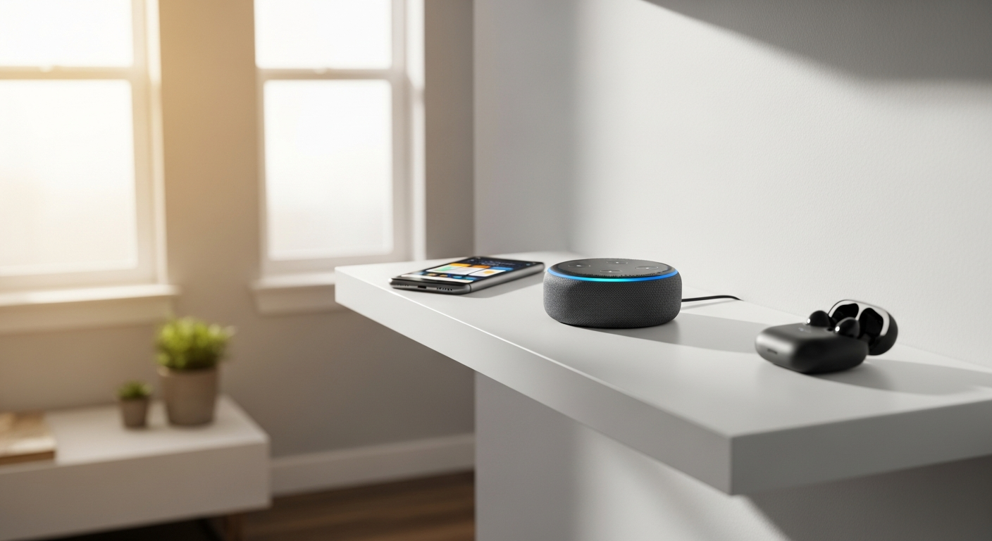 Amazon Echo Dot 5th generation smart speaker in charcoal finish on apartment shelf