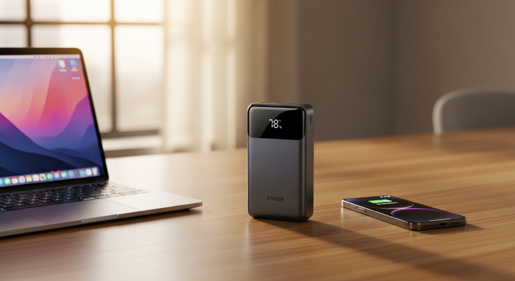 Anker 737 PowerCore 24K power bank with dual USB-C ports and OLED display showing charging status