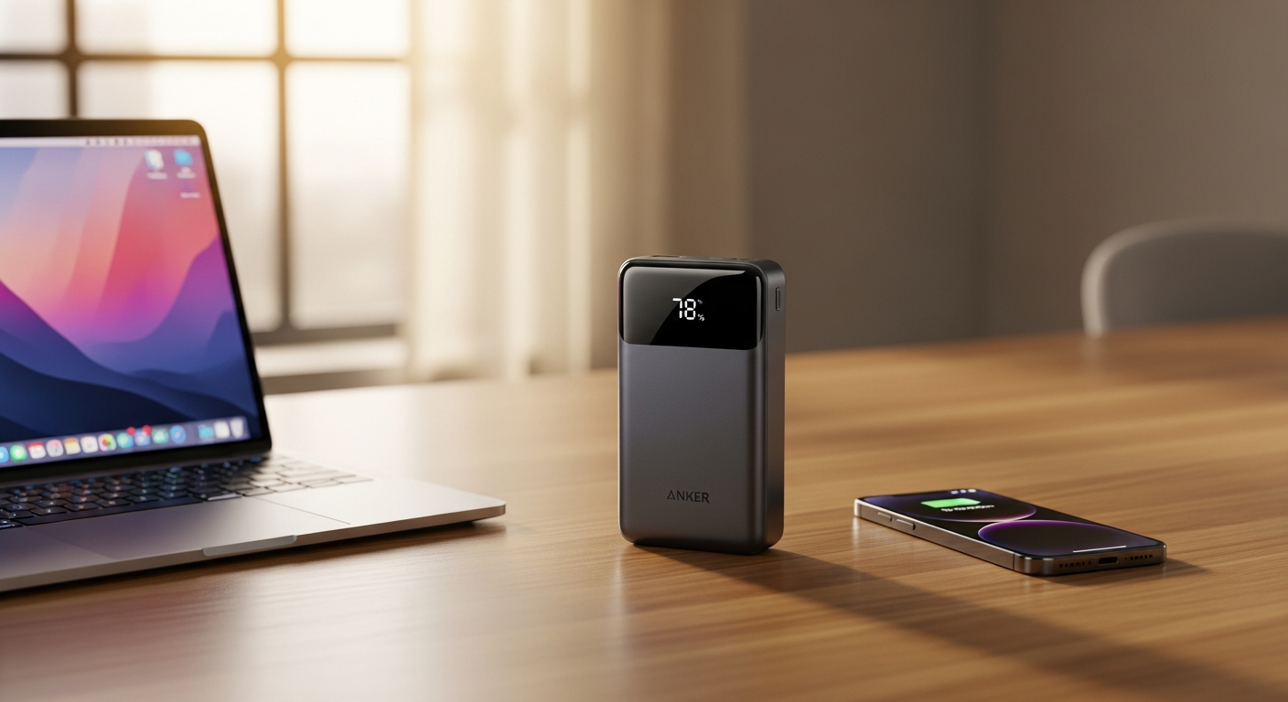 Anker 737 PowerCore 24K power bank with dual USB-C ports and OLED display showing charging status