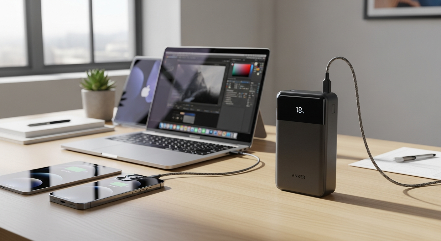 Anker Prime Power Bank 26K 300W with dual USB-C and USB-A ports displaying smart LED screen