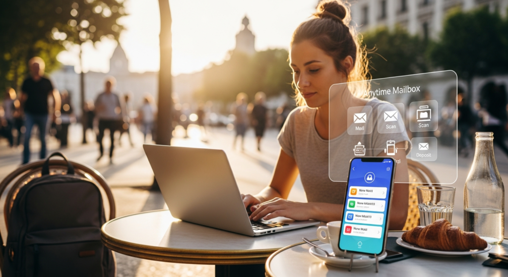 Professional remote worker managing digital mail on laptop while traveling internationally