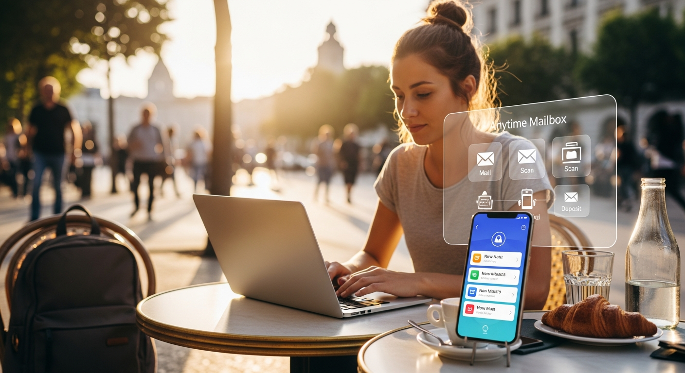 Professional remote worker managing digital mail on laptop while traveling internationally