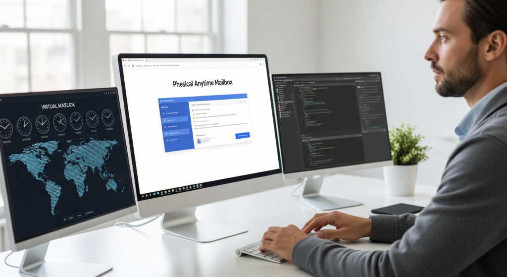Anytime Mailbox virtual mailbox service interface showing mail scanning and forwarding features for remote workers