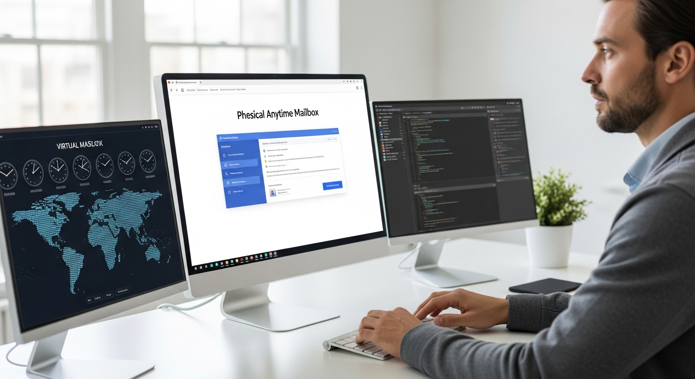 Anytime Mailbox virtual mailbox service interface showing mail scanning and forwarding features for remote workers