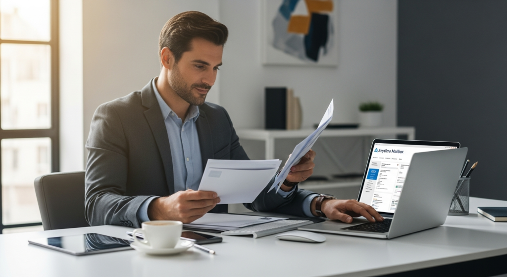 Professional mailbox service setup showing virtual mail management interface and business address solutions