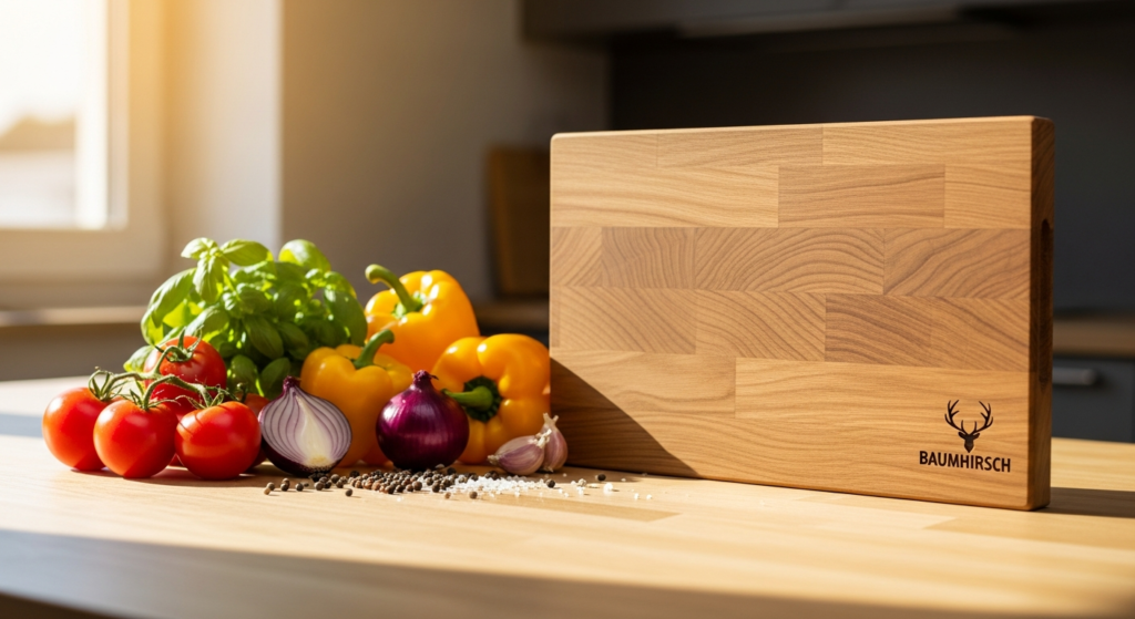 Baumhirsch solid oak cutting board with natural grain pattern on kitchen counter