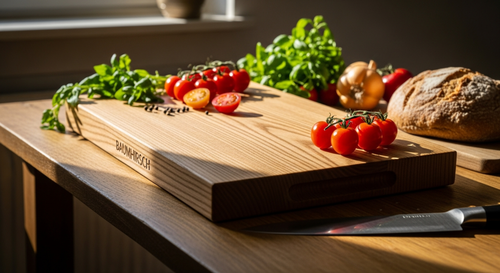 Handgefertigtes Eichenholz Schneidebrett Langholz von Baumhirsch mit natürlicher Maserung auf Holzoberfläche