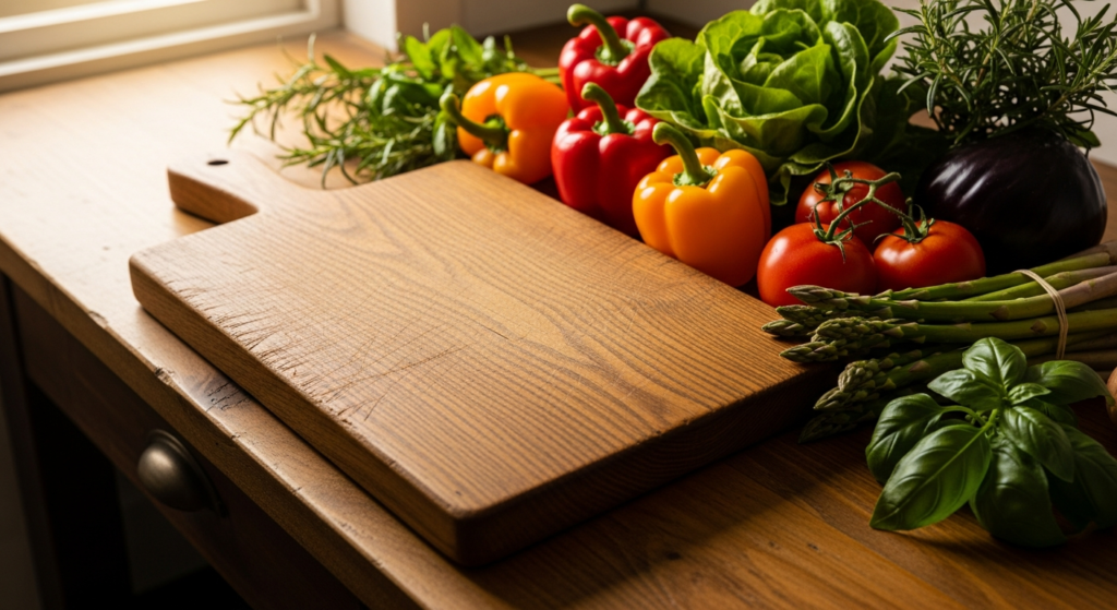 Handcrafted solid oak cutting board with natural grain patterns on rustic wooden kitchen surface