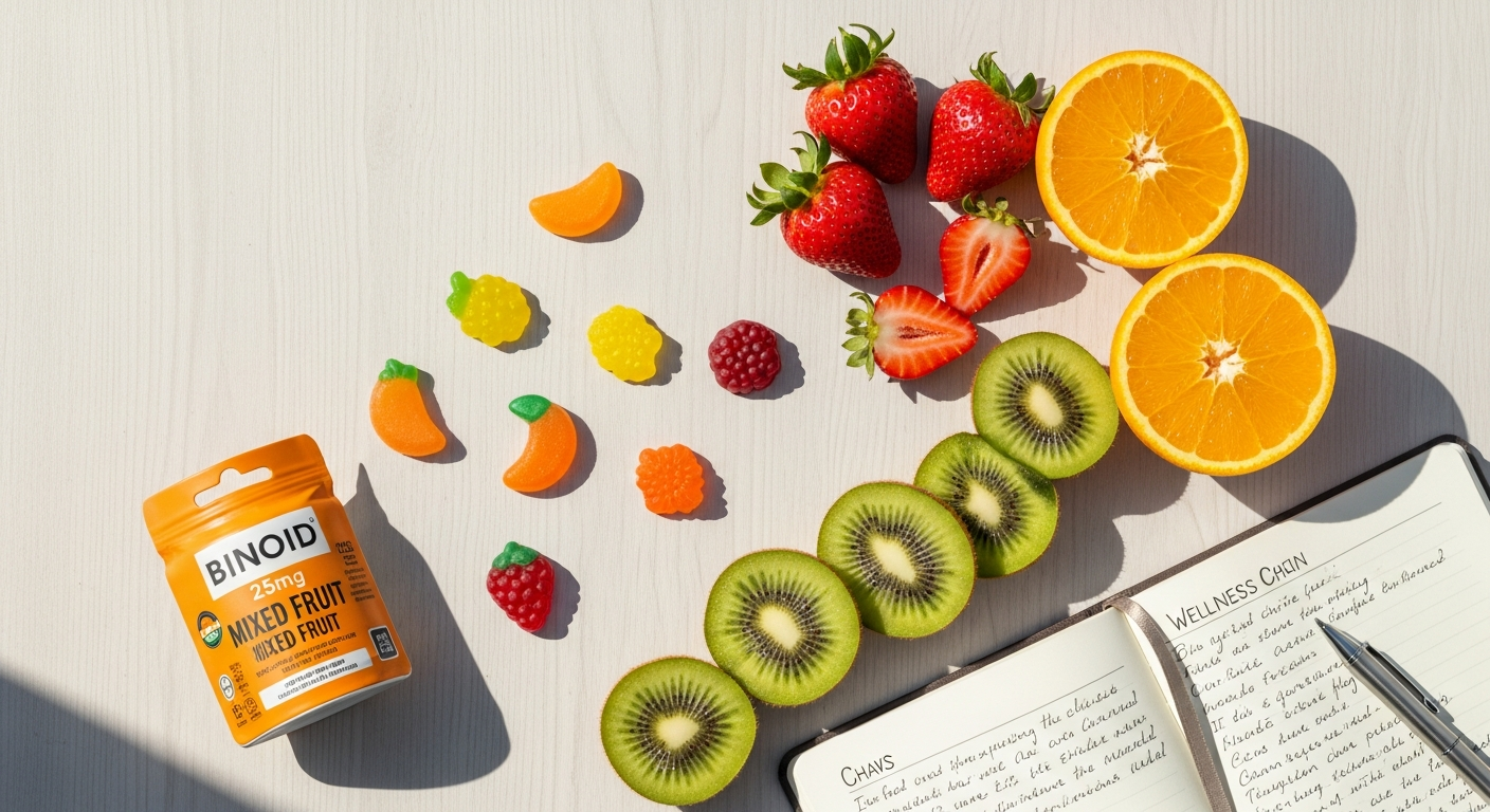 Binoid 25mg Mixed Fruit CBD Gummies in colorful packaging with mango, strawberry, and mixed berry flavors displayed