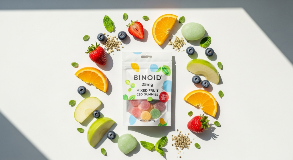 Binoid 25mg Mixed Fruit CBD Gummies in a colorful container with fresh mixed berries displayed on white background