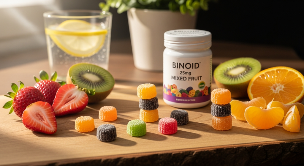 Binoid 25mg Mixed Fruit CBD Gummies in a colorful bottle with fresh fruit displayed beside it