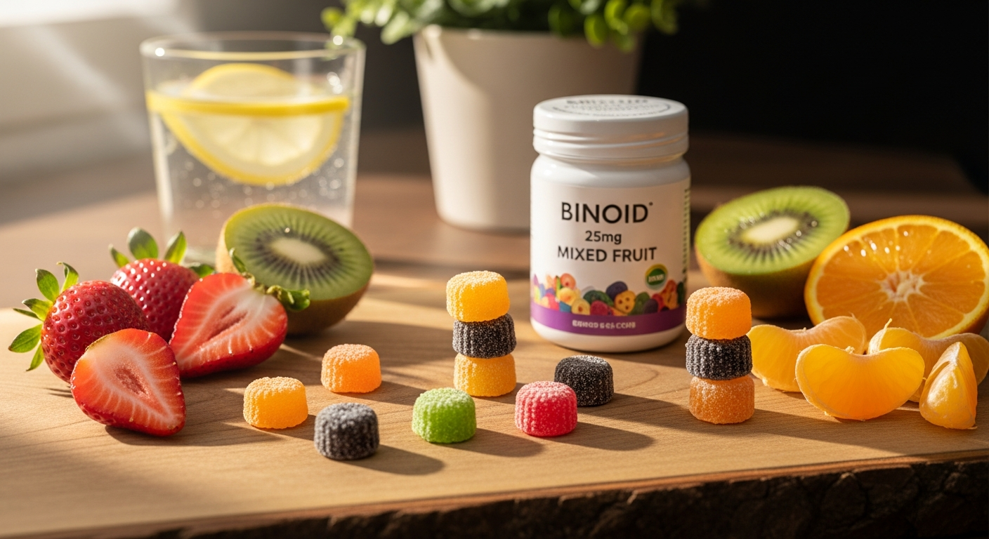 Binoid 25mg Mixed Fruit CBD Gummies in a colorful bottle with fresh fruit displayed beside it