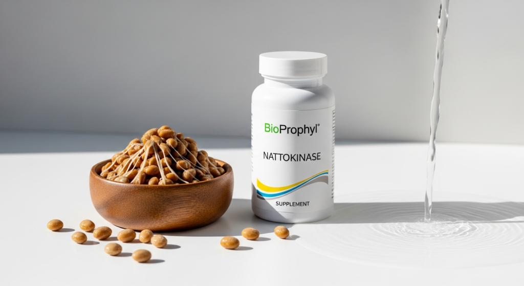 BioProphyl Nattokinase Enzyme Supplement bottle with fermented soybeans and cardiovascular health concept