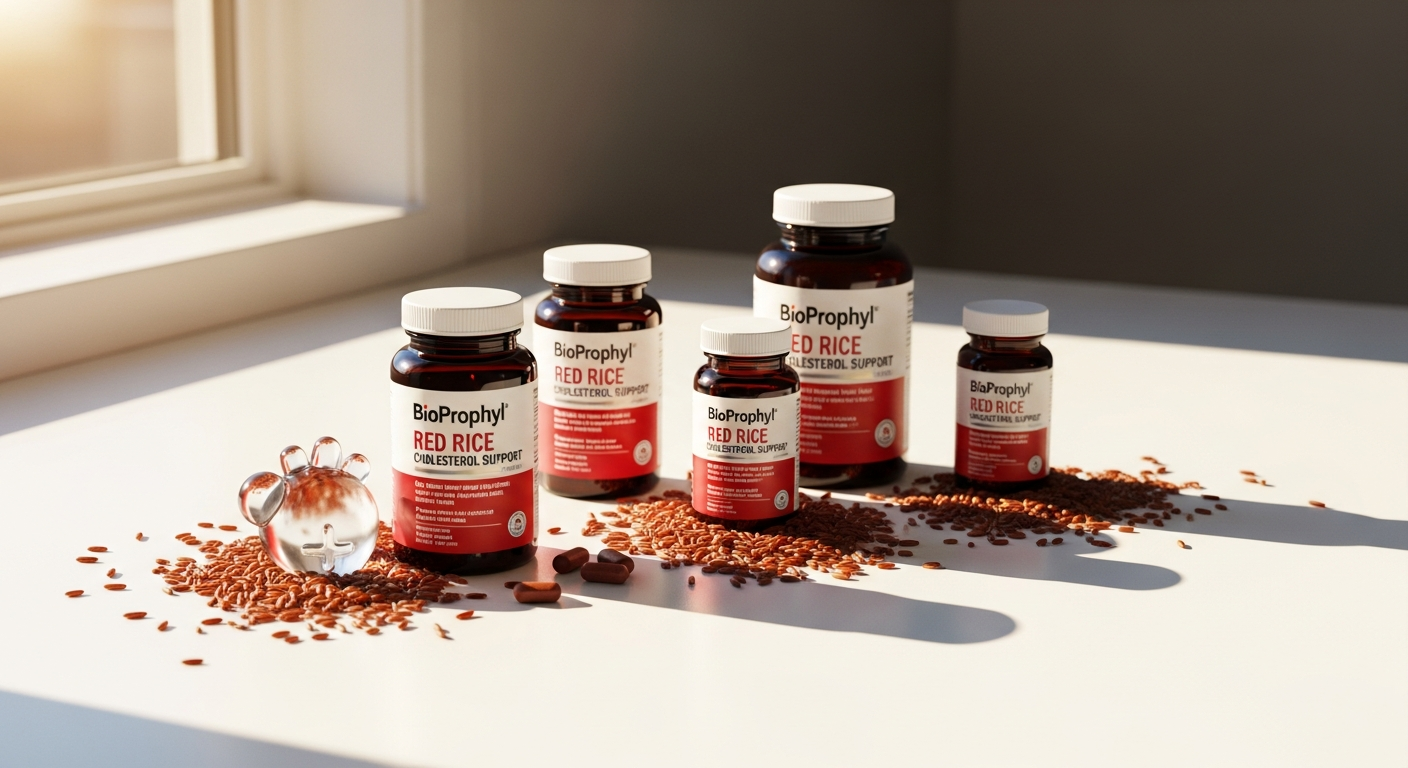BioProphyl Red Rice Cholesterol Support supplement bottle with German quality certification badge displayed prominently