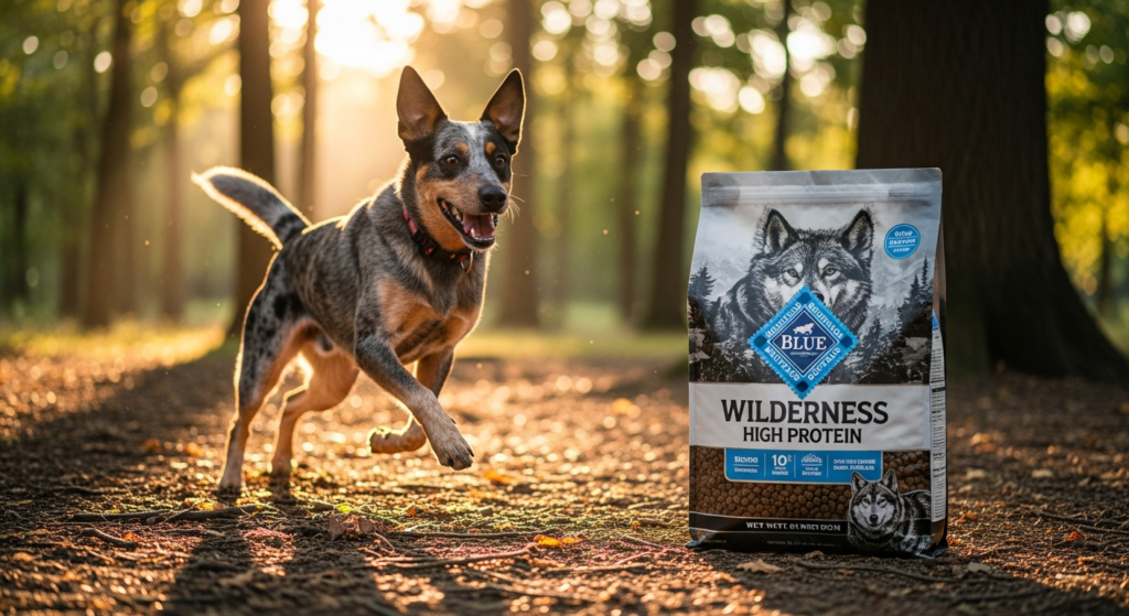 Blue Buffalo Wilderness High Protein Natural Adult Dry Dog Food bag with active Blue Heeler dog