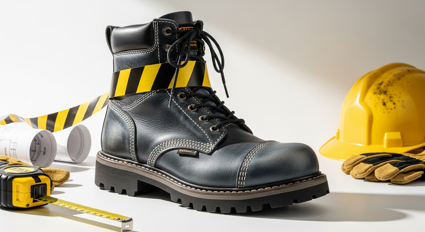 Steel Blue Blue Heeler Work Boot displayed on concrete surface with construction site background
