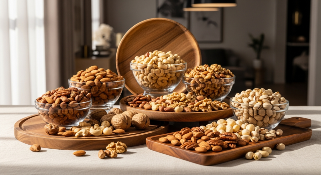 Premium roasted nut mixes in elegant packaging displayed on a luxury table setting