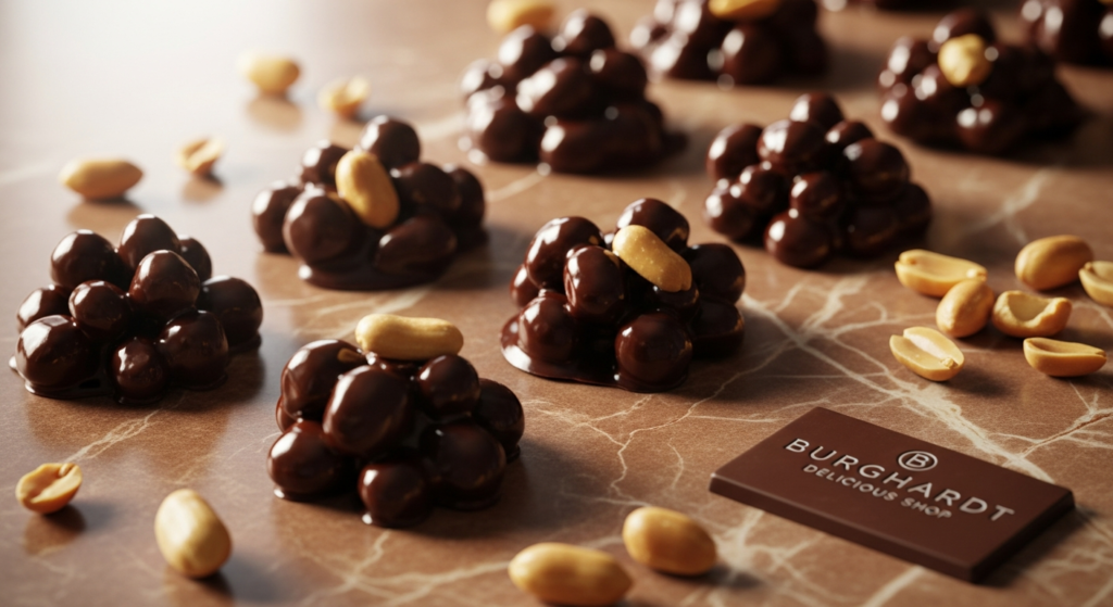 Premium dark chocolate peanut clusters with roasted peanuts and fine dark chocolate coating