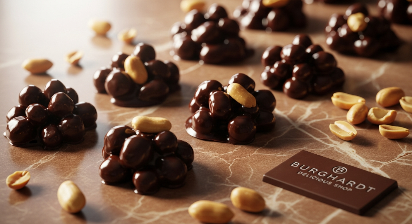 Premium dark chocolate peanut clusters with roasted peanuts and fine dark chocolate coating
