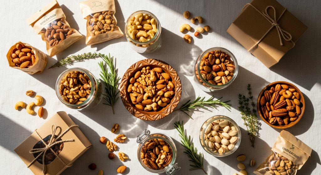 Assorted freshly roasted premium nut mixes in artisanal packaging displayed on wooden surface