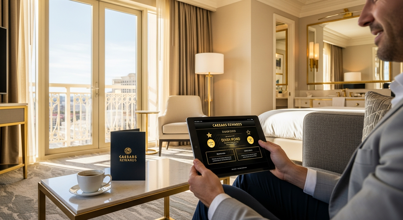 Luxury hotel room at Caesars property with premium amenities and city view