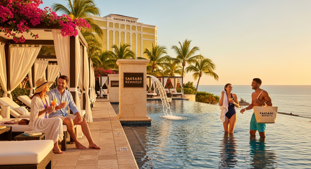 Caesars Rewards loyalty program benefits displayed across 50+ casino and resort properties worldwide