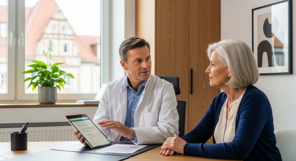 Online medical cannabis prescription consultation on computer screen with German healthcare documentation