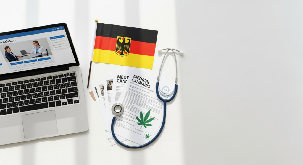 Computer screen showing online medical cannabis prescription form with German healthcare compliance documentation