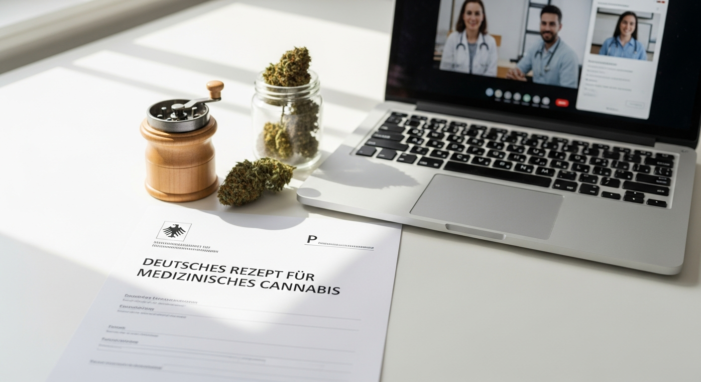 CanDoc online medical cannabis prescription platform interface showing consultation process and strain selection options