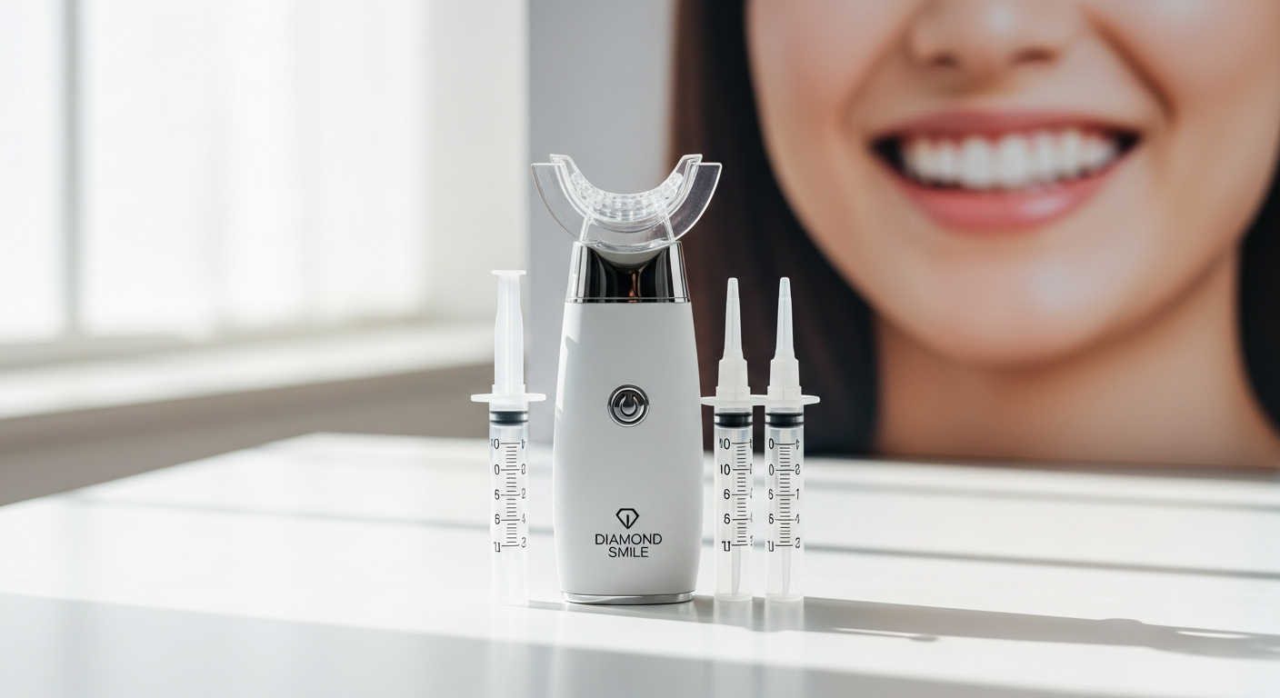 Diamond Smile LED teeth whitening kit with blue light device, gel syringes, and silicone mouth tray for sensitive teeth whitening at home