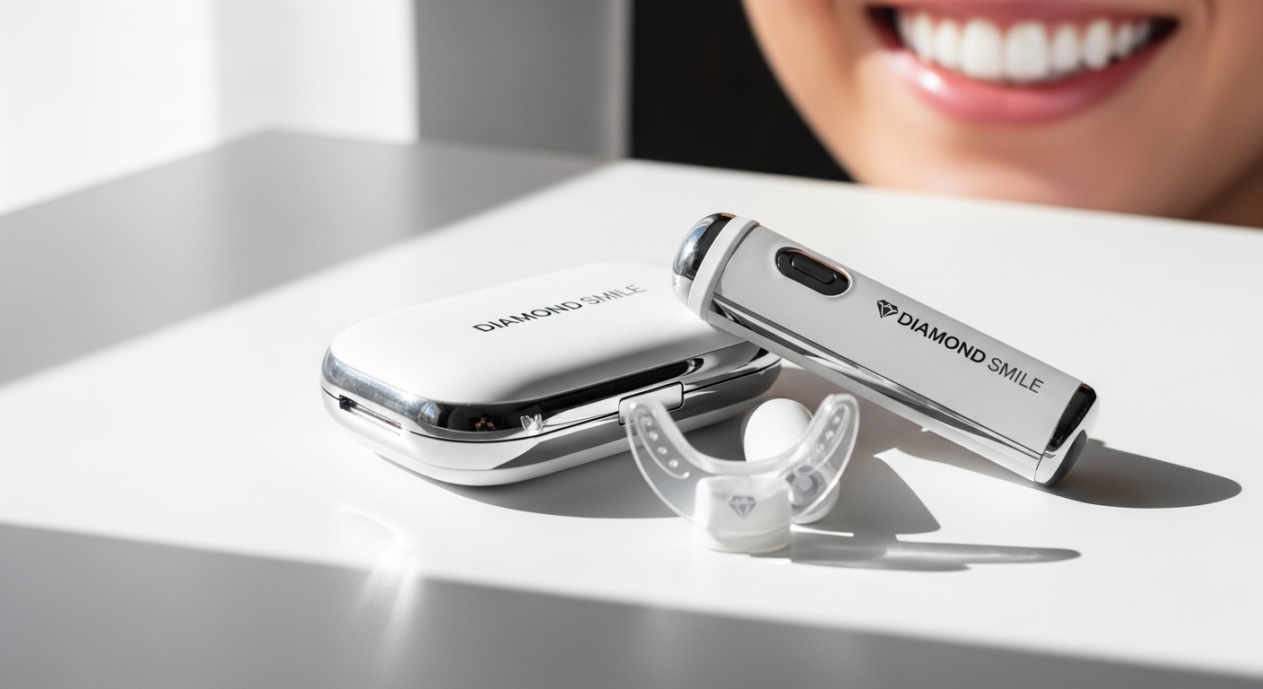 Diamond Smile LED Teeth Whitening Kit with rechargeable device, mouth tray, and whitening gel syringes displayed together