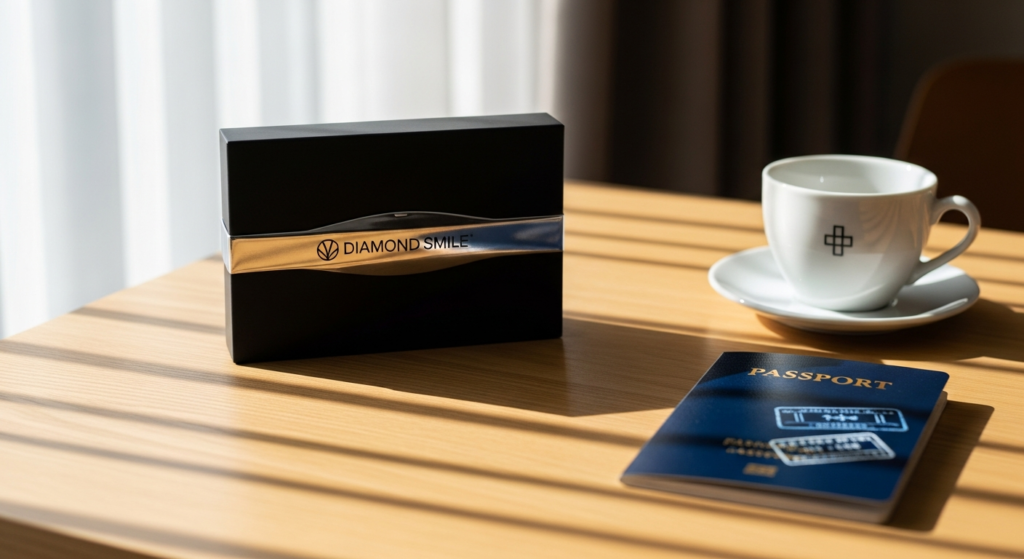 Diamond Smile Teeth Whitening Kit with LED device, gel syringes, and mouth tray displayed for travel